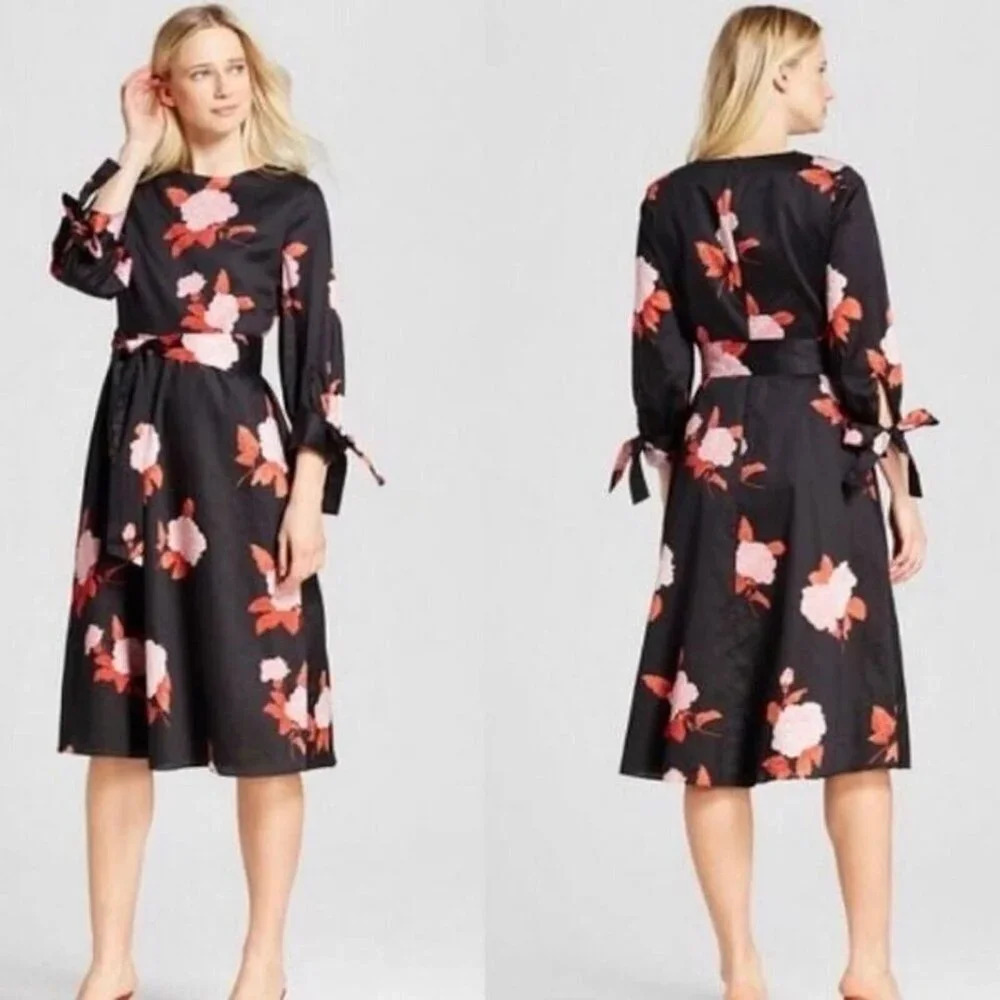 Who What Wear Black Floral Modern Rose Multicolor Bloomcore Midi Dress Size M